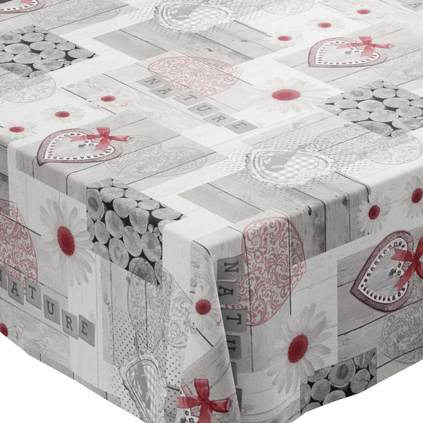 Love Nature Grey and Red PVC Vinyl Wipe Clean Tablecloth  130cm x 140cm Warehouse Clearance