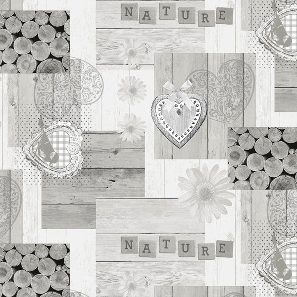 Grey Love Nature PVC Vinyl Wipe Clean Tablecloth ROUND 100cm Warehouse Clearance