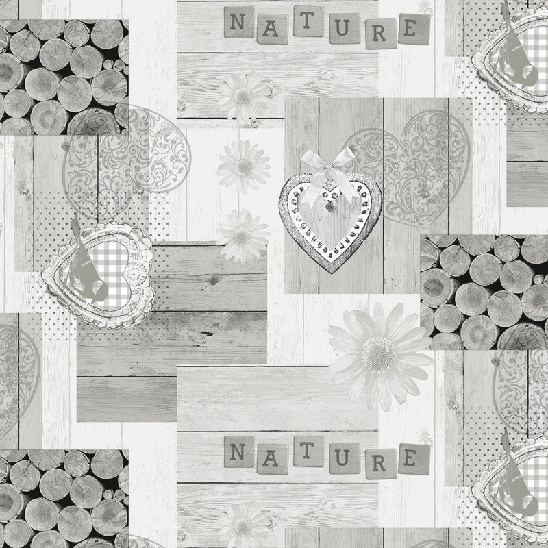 Grey Love Nature PVC Vinyl Wipe Clean Tablecloth ROUND 100cm Warehouse Clearance
