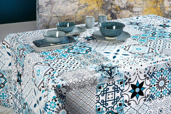 Spanish Tiles Blue Vinyl Oilcloth Tablecloth