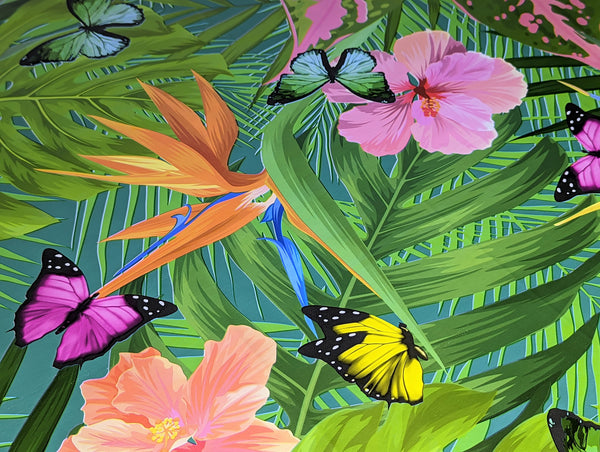 Tropical Rainforest Butterflies Teal vinyl tablecloth 200cm x 140cm -Warehouse Clearance