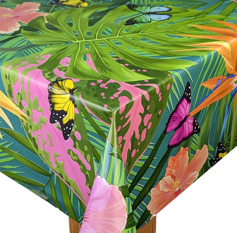Tropical Rainforest Butterfly Teal Vinyl Tablecloth