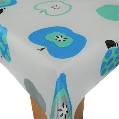 Blue Apples on White PVC Vinyl Tablecloth 20 Metres