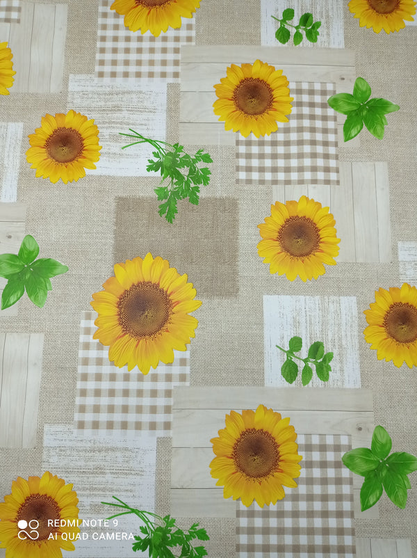 Sunflowers Taupe and Yellow Vinyl Oilcloth Tablecloth ROUND 140cm  - Warehouse Clearance