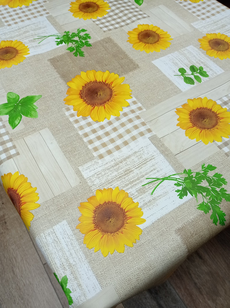 Sunflowers Taupe and Yellow Vinyl Oilcloth Tablecloth ROUND 140cm  - Warehouse Clearance