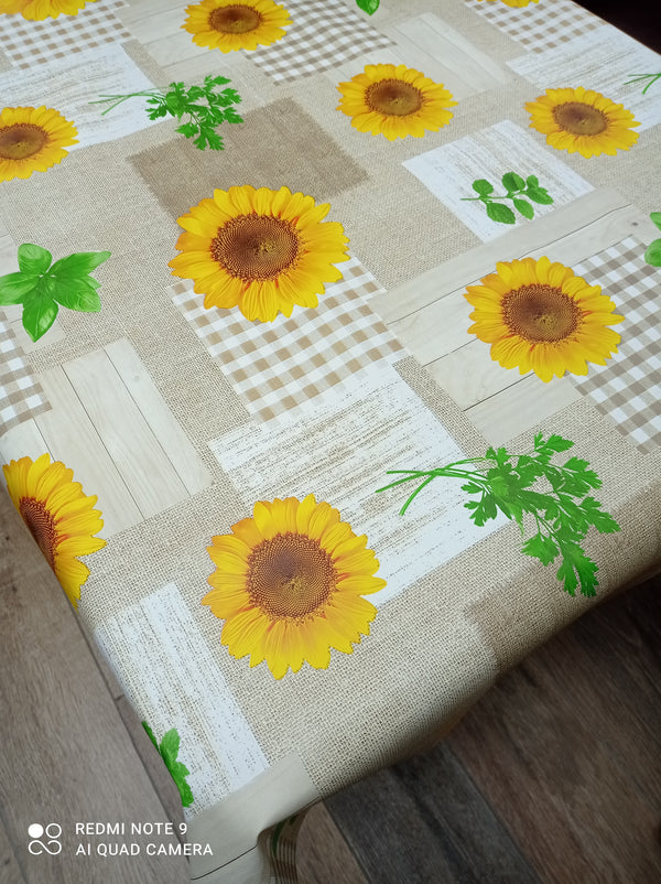 Taupe and Yellow Sunflower Vinyl Oilcloth Tablecloth
