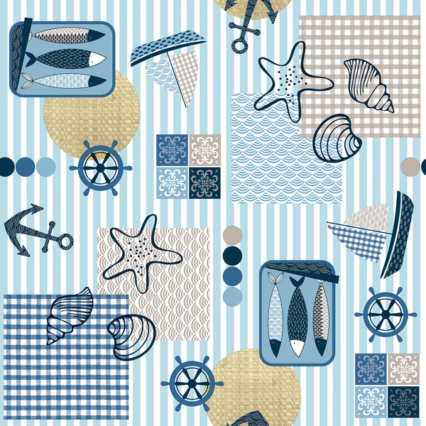 Nautical Beach Fun Blue Vinyl Oilcloth Tablecloth