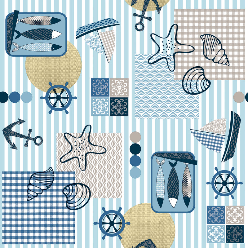 Nautical Beach Fun Blue Vinyl Oilcloth Tablecloth