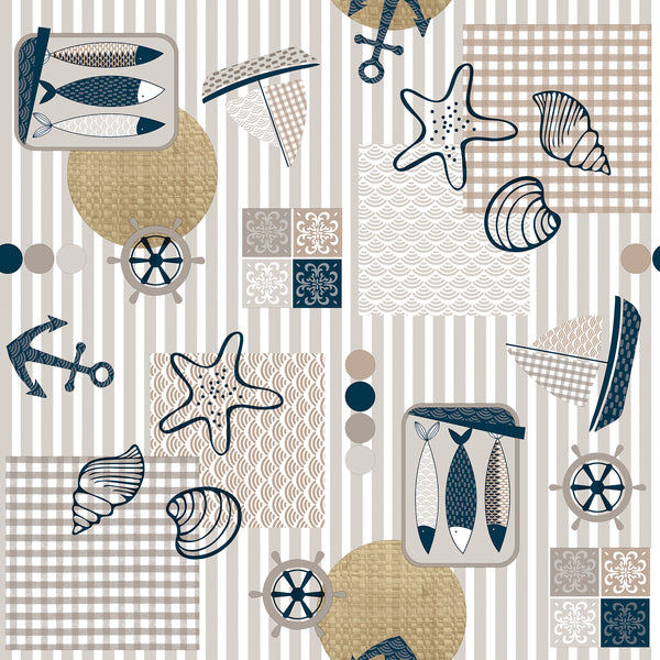 Nautical Beach Fun Grey Beige Vinyl Oilcloth Tablecloth