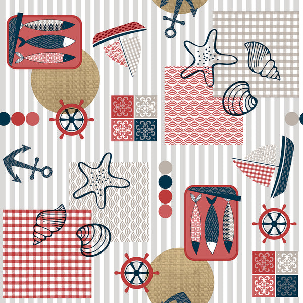 Nautical Beach Fun Red Vinyl Oilcloth Tablecloth