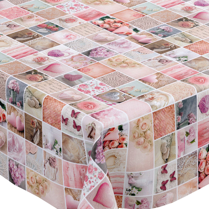 Pandora Hearts and Flowers Pink PVC Vinyl Tablecloth 20 Metres x 140cm
