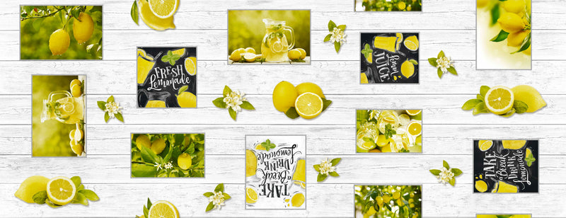 Lemon Lemonade on Grey Wood Effect PVC Tablecloth 20 Metres Roll