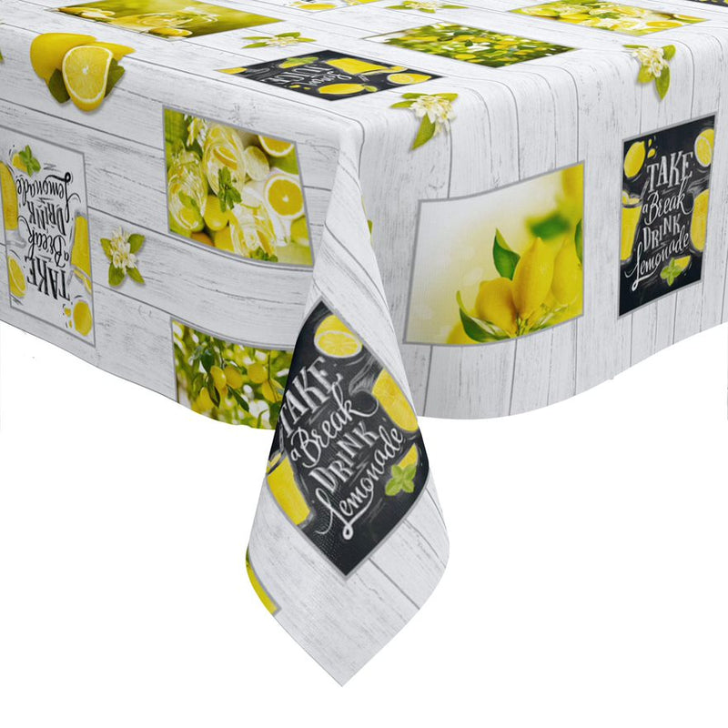 Lemon Lemonade on Grey Wood Effect PVC Tablecloth 20 Metres Roll
