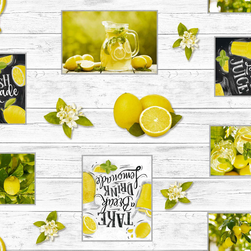 Lemon Lemonade on Grey Wood Effect PVC Tablecloth 20 Metres Roll