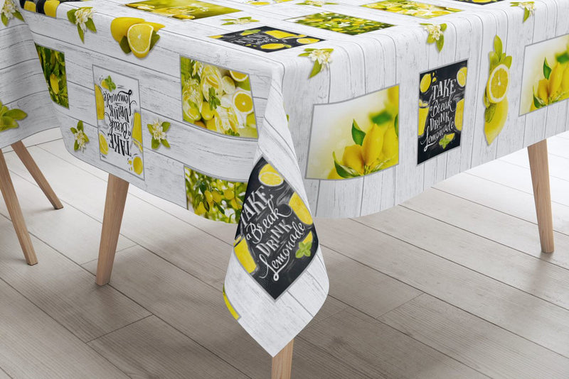 Lemon Lemonade on Grey Wood Effect PVC Tablecloth 20 Metres Roll