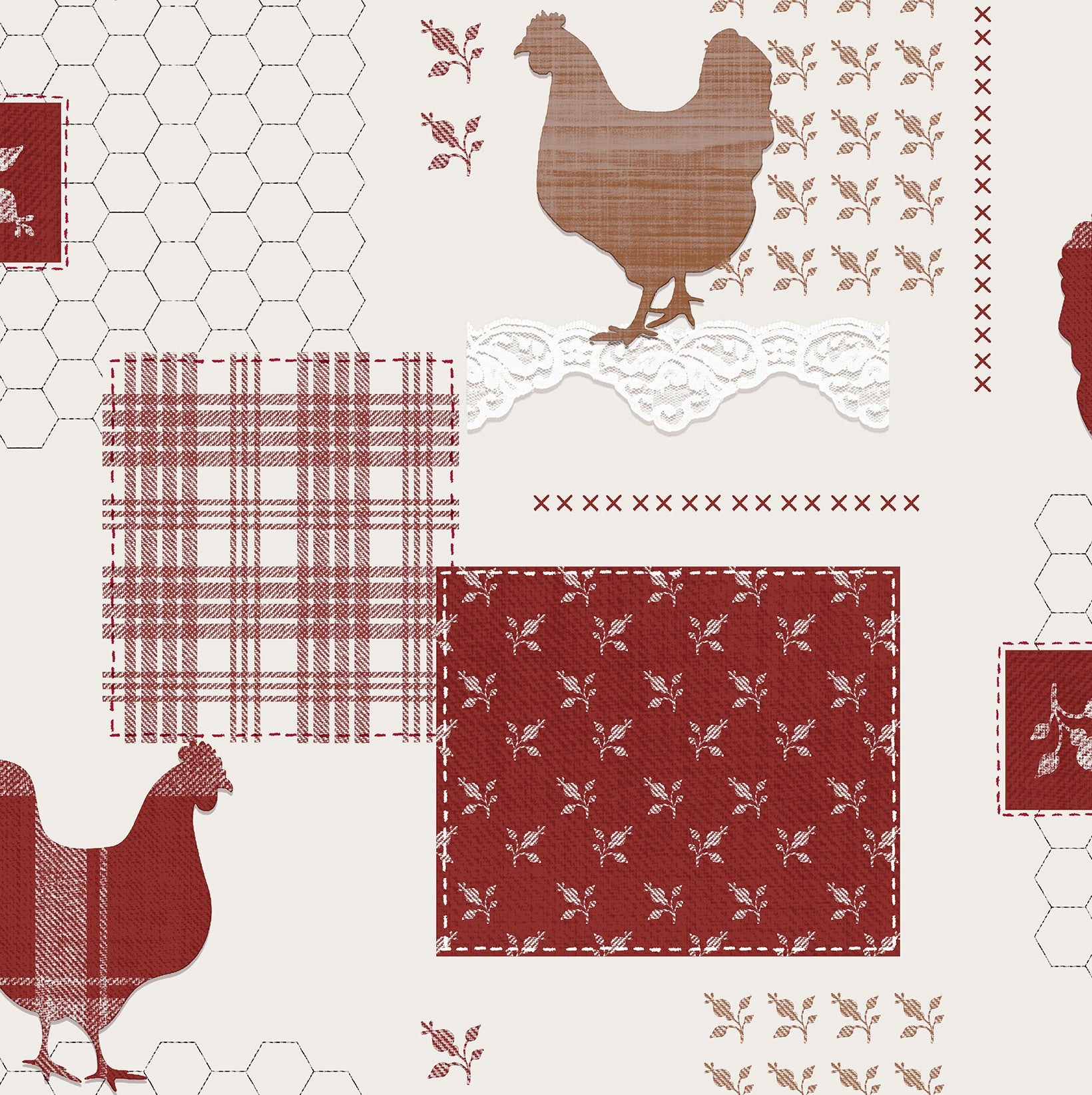 Chickens Wine and Taupe on Cream PVC Vinyl Tablecloth 20 Metres x 140c