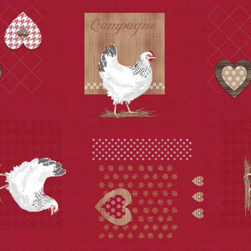 Chicken and Hearts on Red PVC Vinyl Tablecloth 20 Metres Roll - Warehouse Clearance