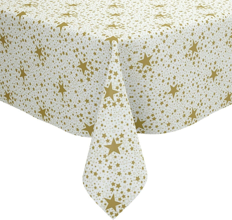 Christmas Super Stars Gold vinyl tablecloth 500cm x 140cm -Warehouse Clearance