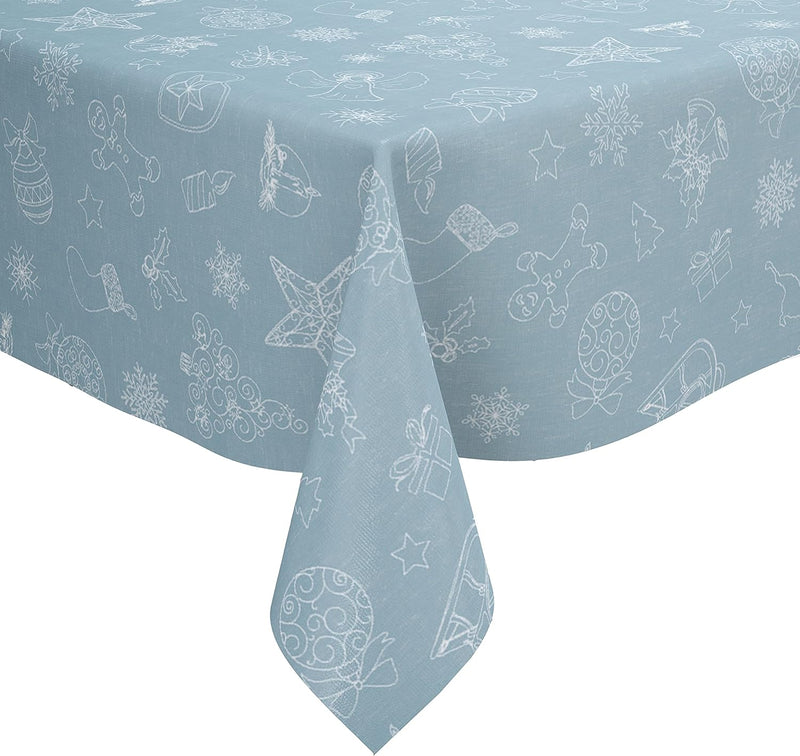 Festive Ice Blue  Christmas Linen Look Vinyl Oilcloth Tablecloth