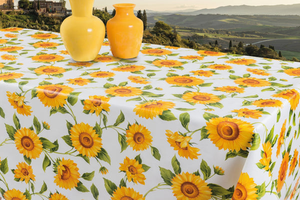 Sunflower on White Vinyl Oilcloth Tablecloth