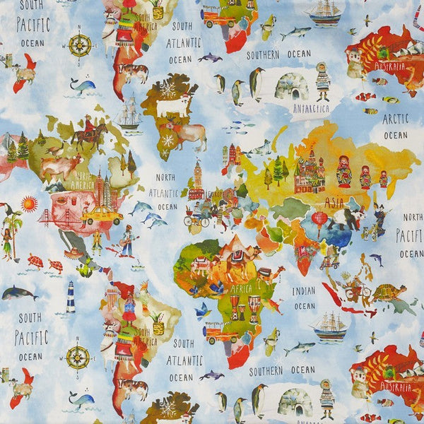 Adventure World Map Rainbow Oilcloth Tablecloth by Prestigious Textiles