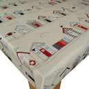 Beach Huts BLUE on Cream Oilcloth Tablecloth Fryetts Fabrics