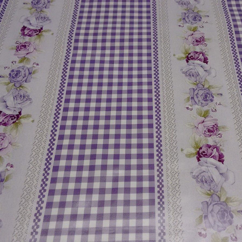 Chantilly Rose Gingham Stripe Lilac PVC Vinyl Tablecloth 20 Metres