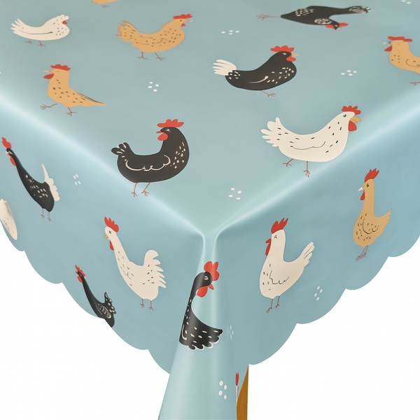 Scallop Edge Playful Chickens Blue Vinyl Oilcloth Tablecloth