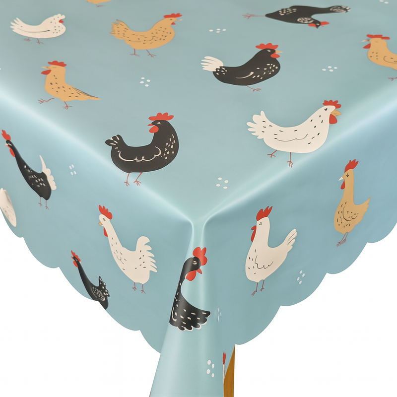 Scallop Edge Playful Chickens Blue Vinyl Oilcloth Tablecloth