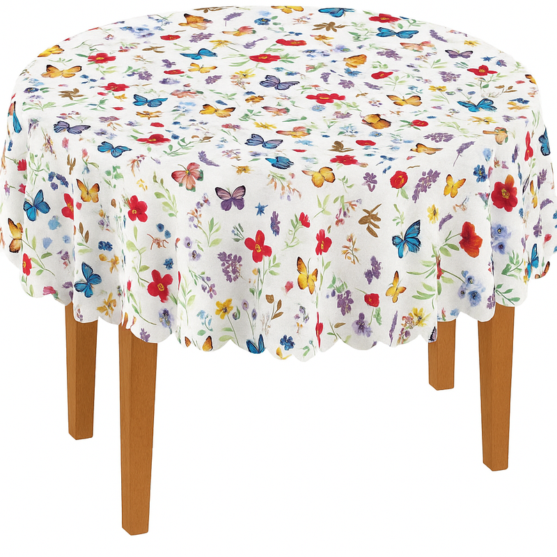 Scallop Edge Watercolour Butterfly Flowers Vinyl Oilcloth Tablecloth