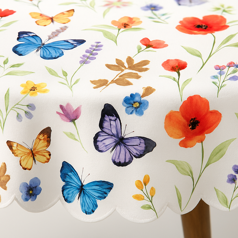 Scallop Edge Watercolour Butterfly Flowers Vinyl Oilcloth Tablecloth