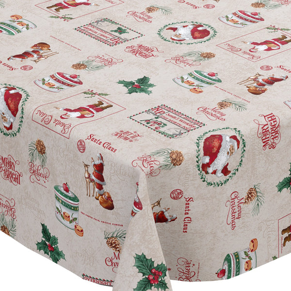 Merry Christmas Santa Claus Cream Vinyl Tablecloth Roll 20 Metres x 140cm
