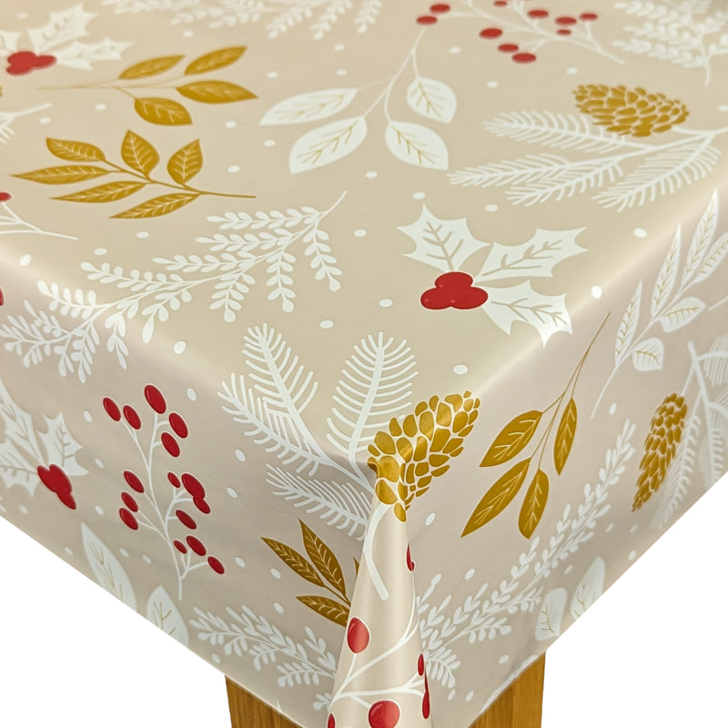 Christmas Winter Leaves Beige Vinyl Oilcloth Tablecloth