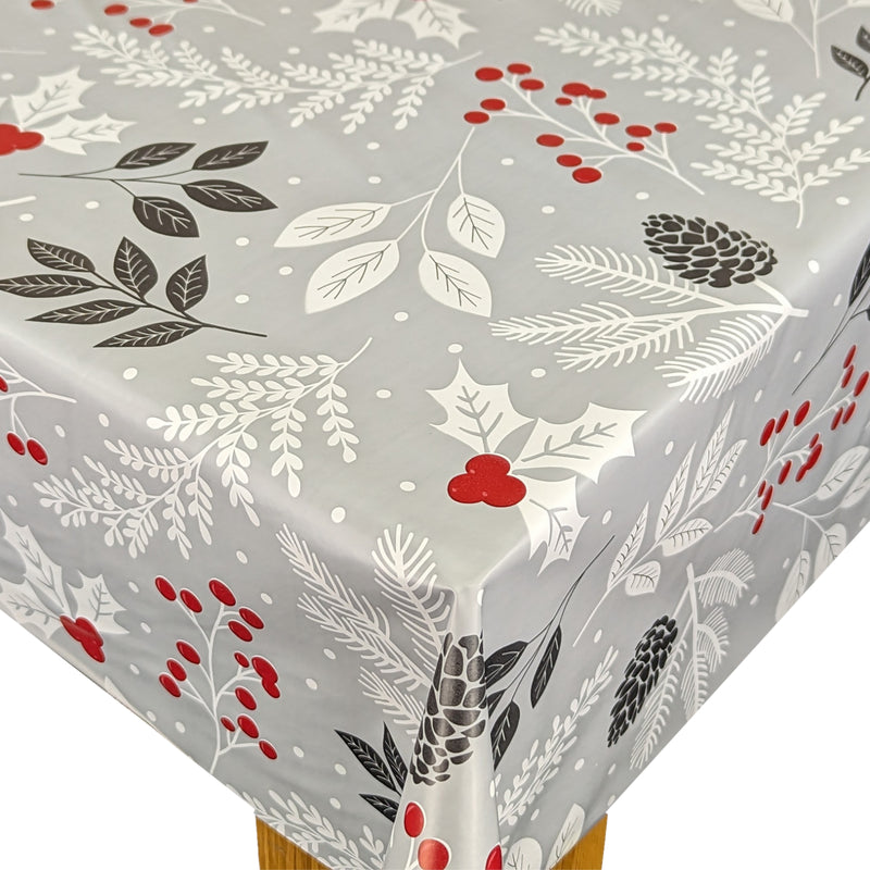 Christmas Winter Leaves Grey Vinyl Oilcloth Tablecloth