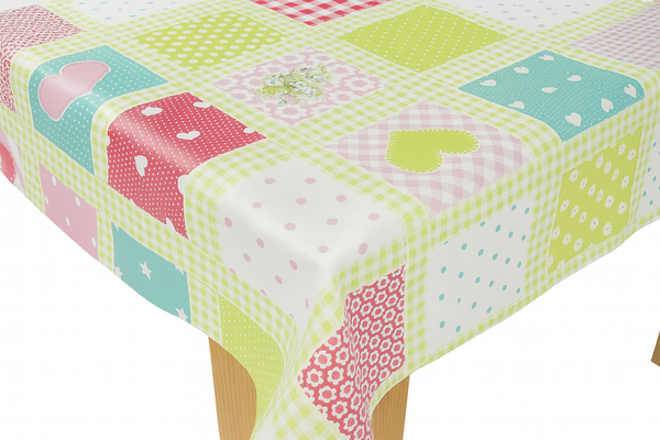 Green and Pink Dotty Heart Patchwork PVC Vinyl Tablecloth Roll 20 Metres x 140cm