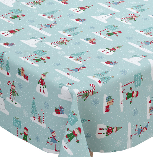 Elf on Shelf Duck Egg Blue Christmas Oilcloth Tablecloth