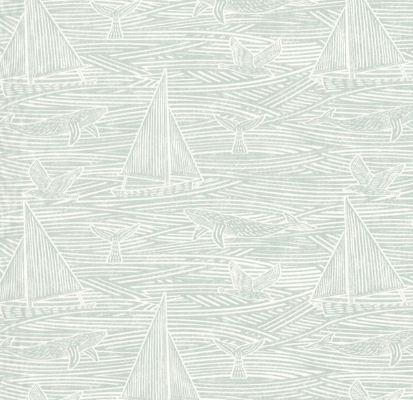 Whales and Sail Boats Duckegg Matt Oilcloth Table Cloth