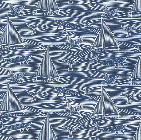 Whales and Sail Boats Navy Blue Matt Oilcloth Table Cloth