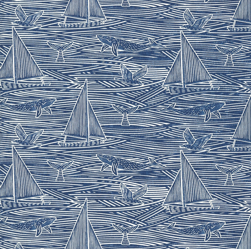 Whales and Sail Boats Navy Blue Matt Oilcloth Table Cloth