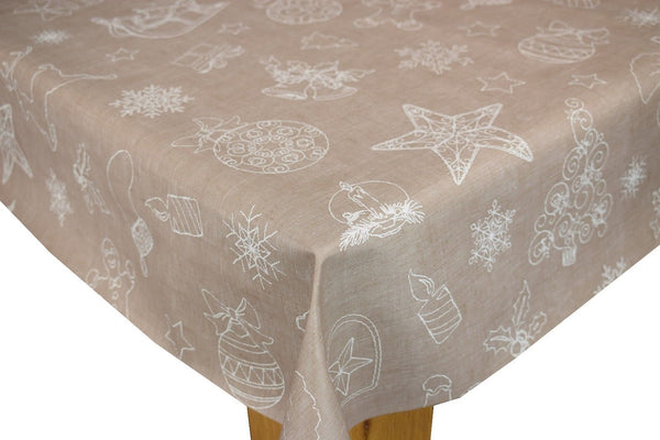 Festive Beige Linen Look Vinyl Oilcloth Tablecloth 130cm x 140cm   - Warehouse Clearance