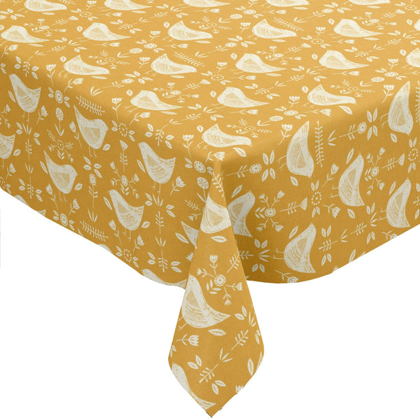 Fryetts Narvik Scandi Birds Ochre Cotton Oilcloth Tablecloth