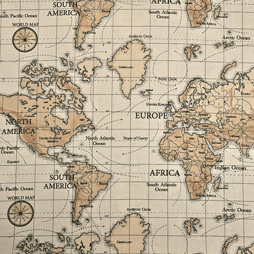 Fryetts World Atlas Map Beige Oilcloth Tablecloth