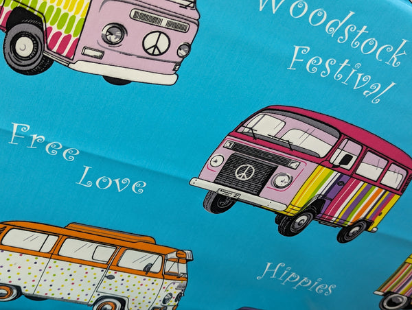 Happy Hippy Camper Turquoise Oilcloth Tablecloth
