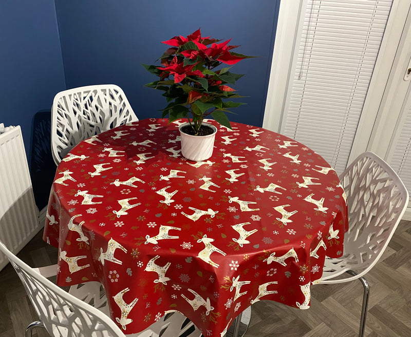 Christmas Scandi Reindeer RED Vinyl Oilcloth Tablecloth