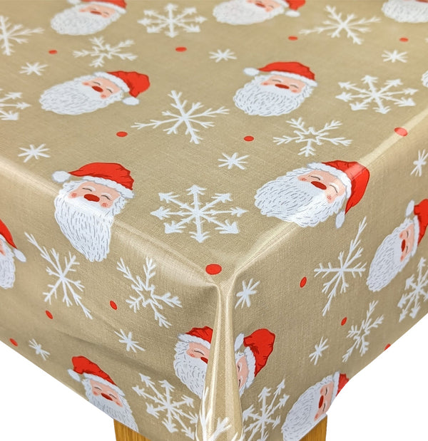 Jolly Santa Taupe Christmas Oilcloth Tablecloth by Fryetts