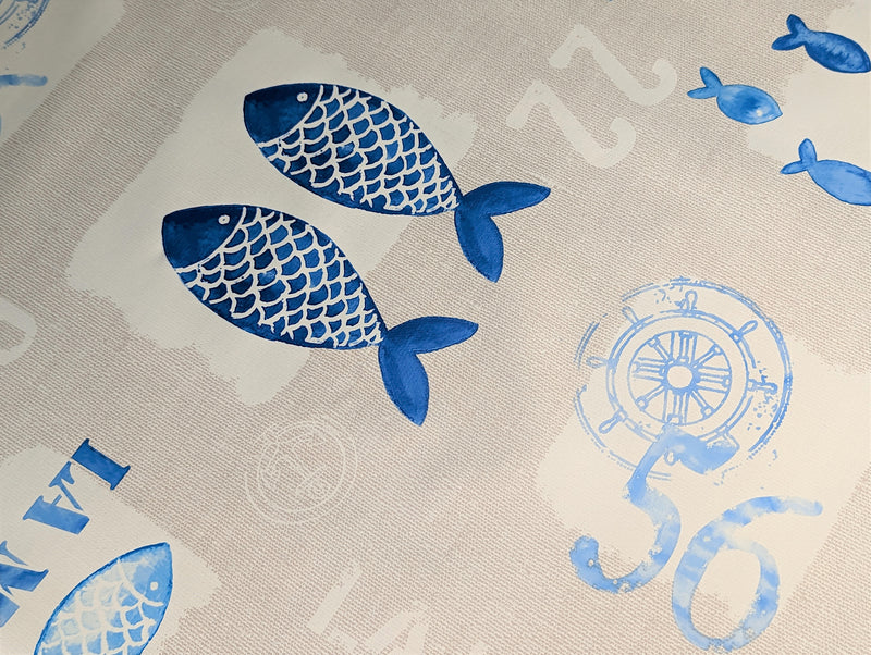 Fishy Fish La Mer Blue and Beige PVC Vinyl Tablecloth 20 Metres x 140cm