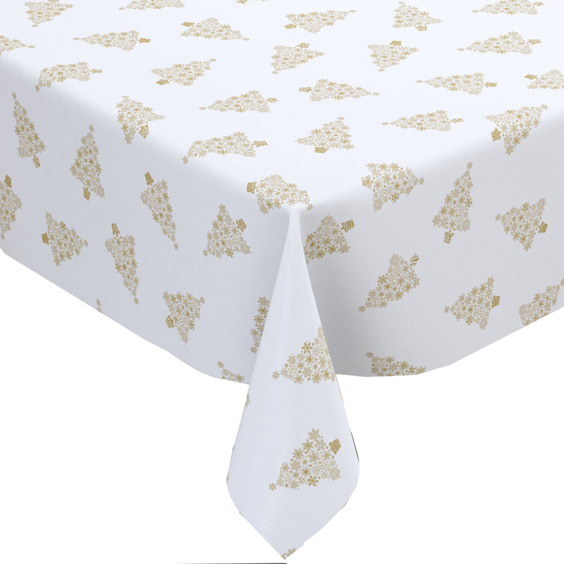 Gold Christmas Snowflake Trees Vinyl Oilcloth Tablecloth