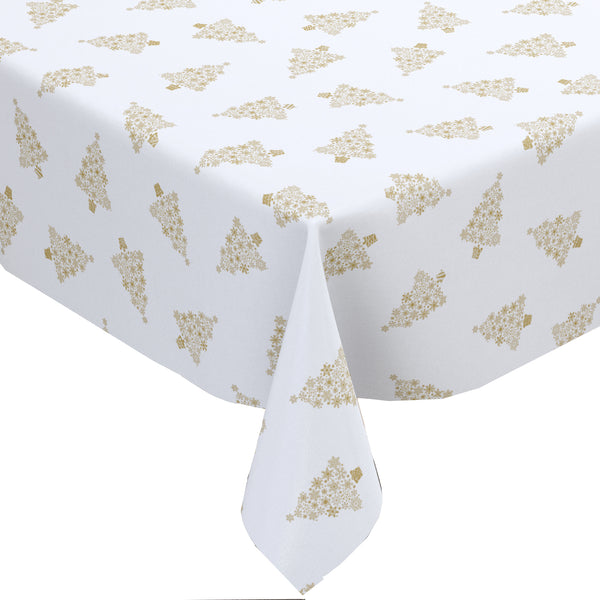 Gold Snowflake Christmas Trees Vinyl Tablecloth Roll 20 Metres x 140cm