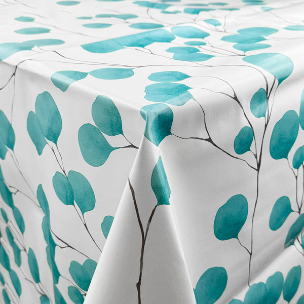 Scandi Modern Leaves Teal PVC Vinyl Oilcloth Tablecloth