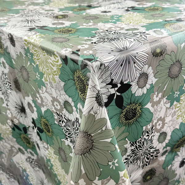 Vintage Flowers Teal PVC Vinyl Oilcloth Tablecloth
